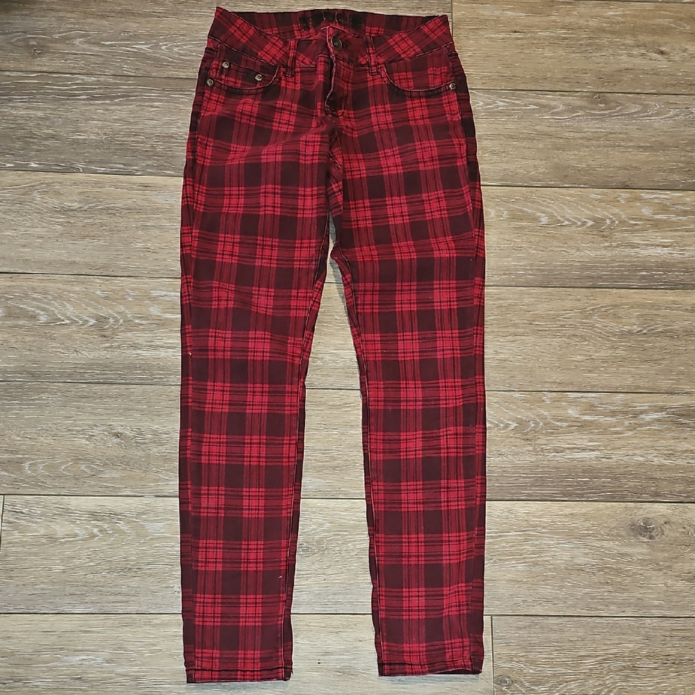 Truce Red/Black Tartan Plaid Women's Skinny Jeans, Size 3 - Picture 1 of 10